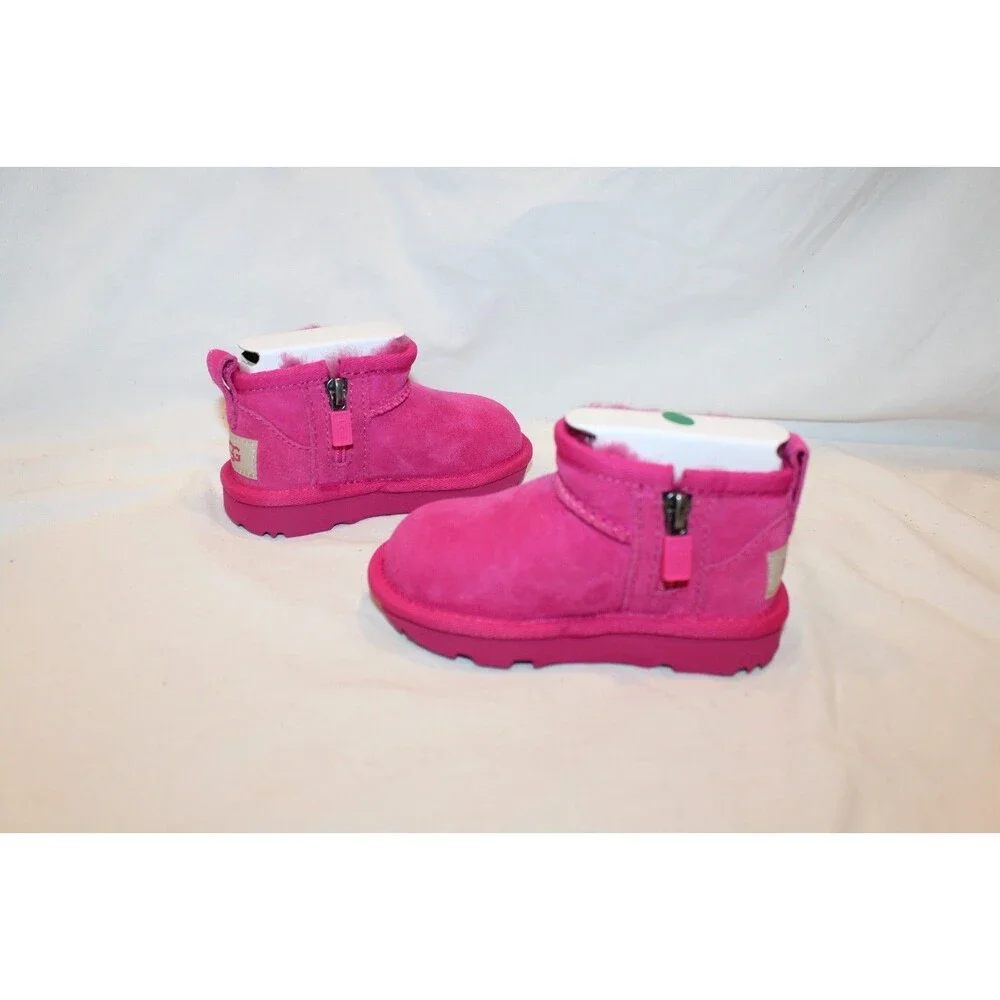 UGG Classic Ultra Mini Zip Suede Shearling Lined Boots Toddler 6 PINK NIB